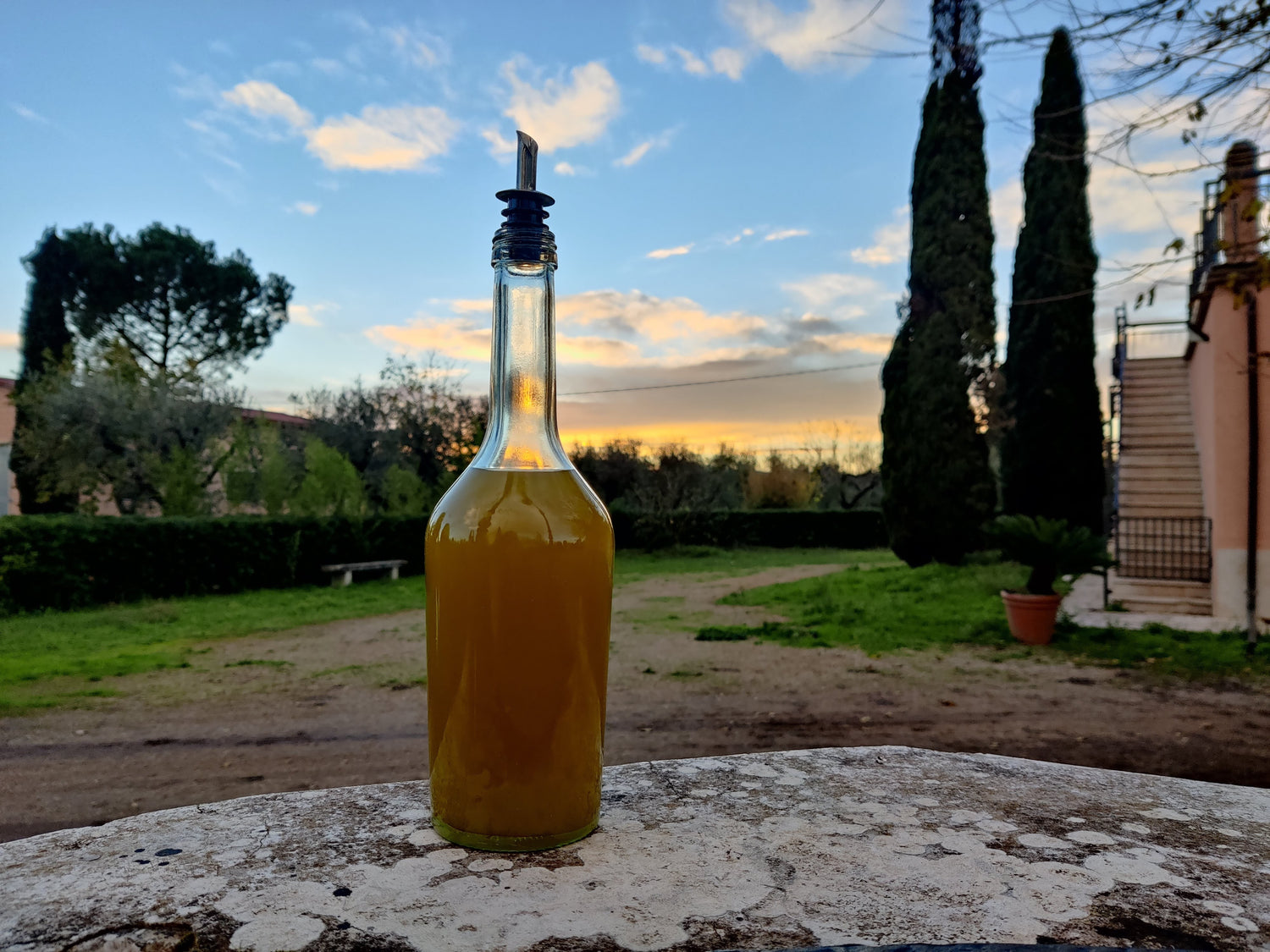 Foto close up di bottiglia d'olio al tramonto